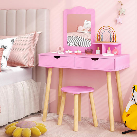 Kids Vanity Table and Stool Set with Square Mirror and Storage Shelf
