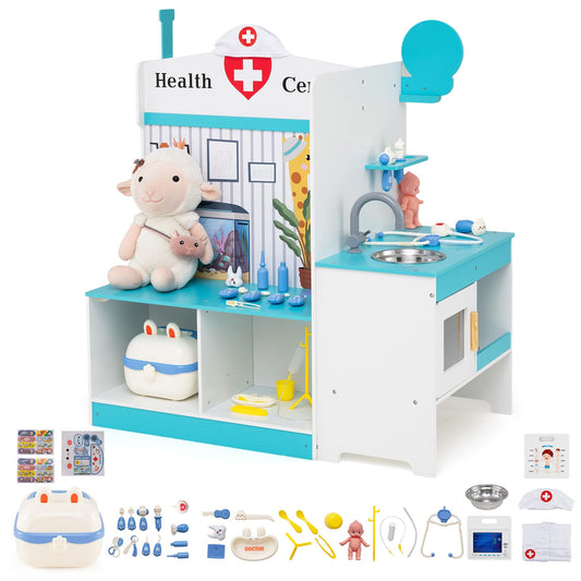 Wooden Toy Medical Center Playset with Faucet and ECG Monitor for Aged 3-6