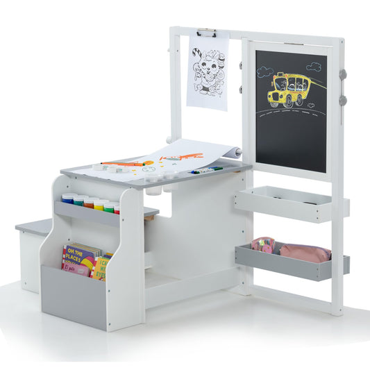 Kids Art Easel Table and Bench Set with Adjustable Easel and Bookshelf