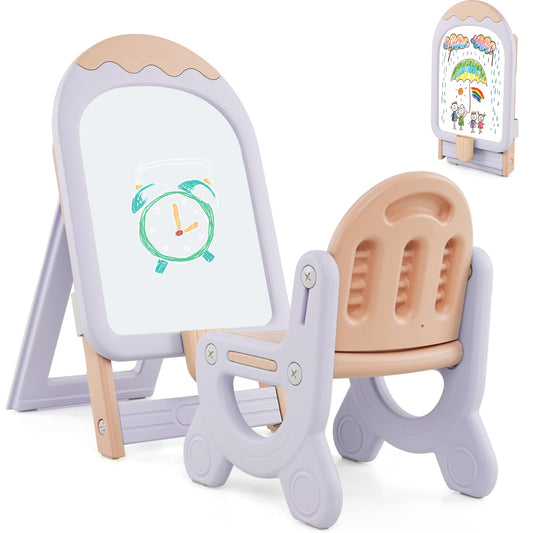 Height-adjustable and Foldable Standing Kids Art Easel with Chair