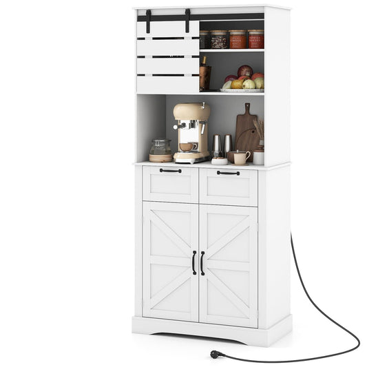 Kitchen Pantry Cabinet with Power Outlet Tall Coffee Bar Cabinet with Doors Drawers and Adjustable Shelf