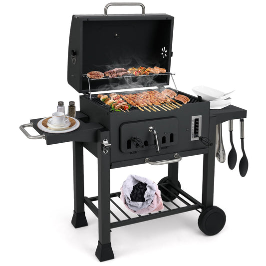 Barrel Charcoal Grill with 2 Folding Side Tables for Camping Picnic
