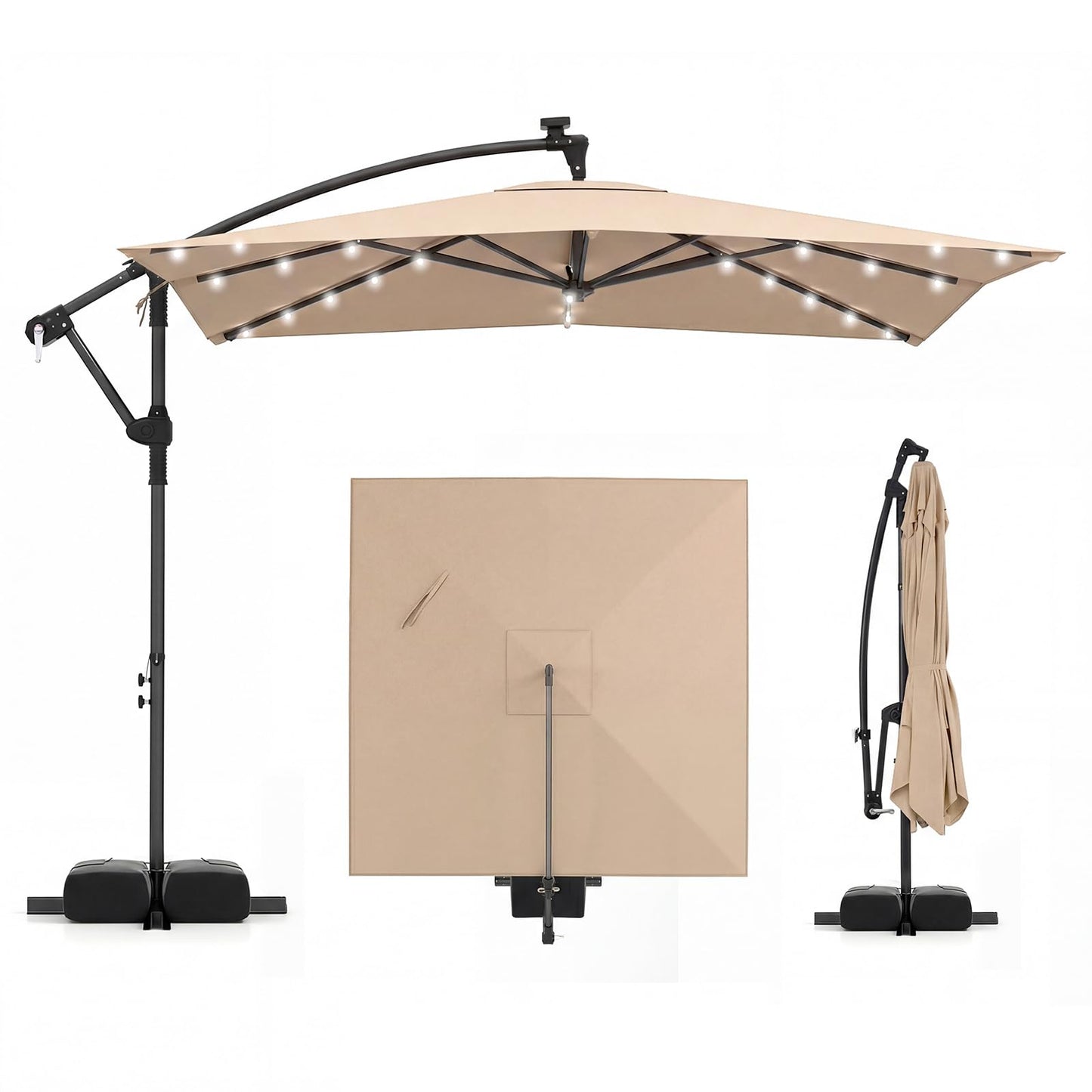 2.5M Cantilever Garden Parasol, Square Offset Banana Umbrella with 32 Solar LED Lights, 360° Rotation