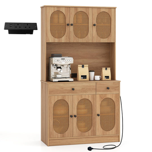 Kitchen Storage Cabinet with Charging Station and 6 Rattan Doors