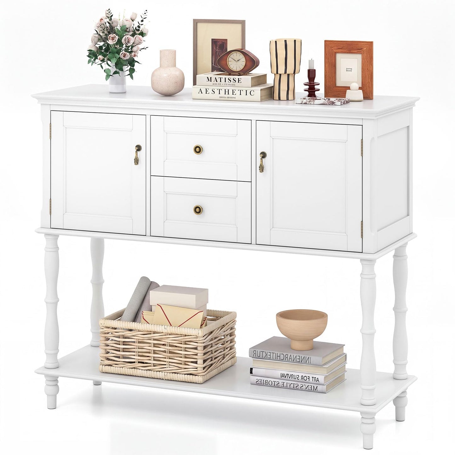 Vintage Console Table with 2 Drawers, 2 Door Cabinets