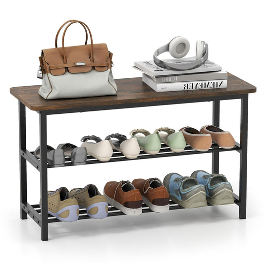3-Tier Shoe Storage Bench with Metal Slat Shelves and Long Wooden Seat