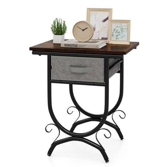 2 Tier Industrial Bedside Table with Fabric Drawer and Wood Top