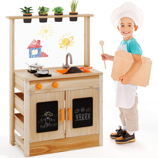 Fir Wood Play Kitchen with Planting Pots and Removable Sink for Backyard Garden