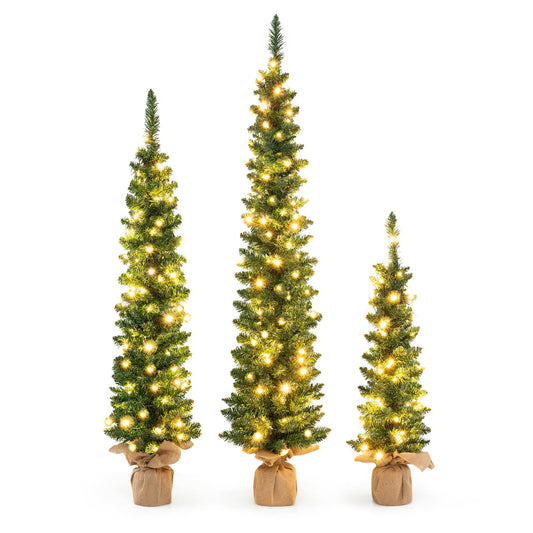 Set of 3 Pre-Lit Artificial Christmas Trees with 415 Green Branch Tips and 230 Warm White LED Lights