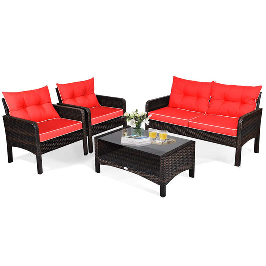 4-Piece Garden Rattan Conversation Furniture Set with Tempered Glass Table