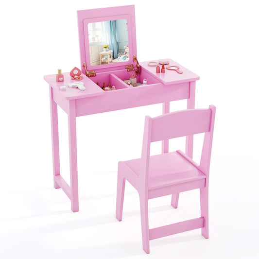 2 in 1 Kids Vanity Table and Chair Set with Flip Top Mirror Hidden Storage
