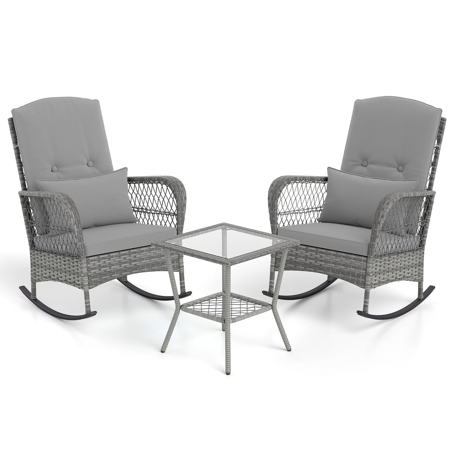 3 Piece Outdoor Rocking Chair Set with Cozy Cushions and Pillow