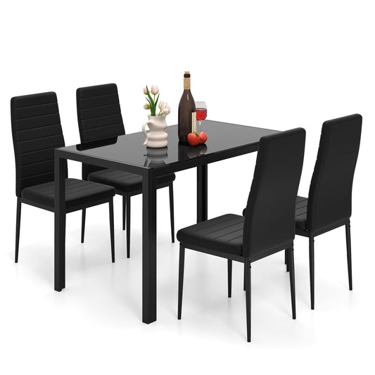5 Pieces Kitchen Table and 4 Upholstered Chairs with High Backrest & Glass Tabletop