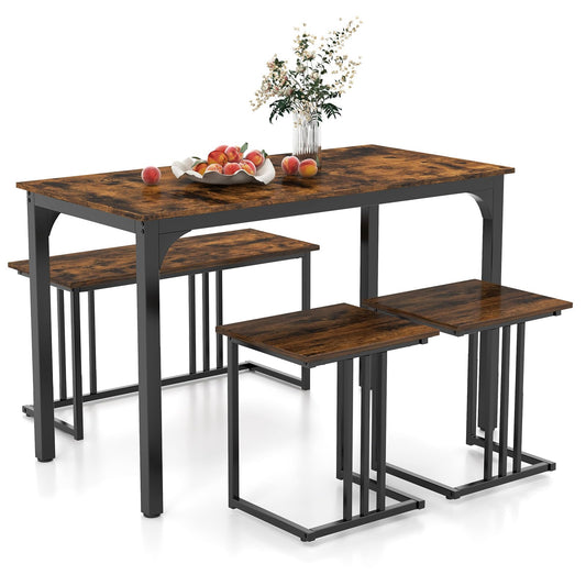 Metal Frame Dining Table and 2 Stool Set with 1 Bench