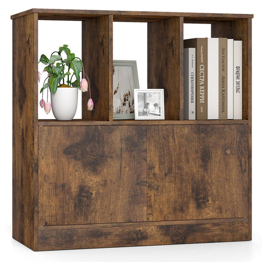 3-Cube Bookcase with Doors, Modern Bookshelf Open Storage Organizer Unit