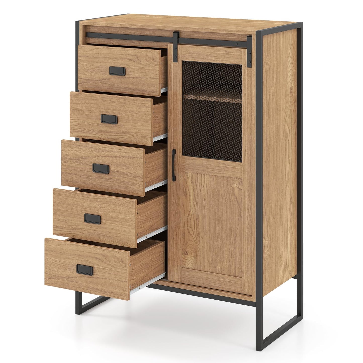 Storage Cabinet with Sliding Door & 5 Drawers