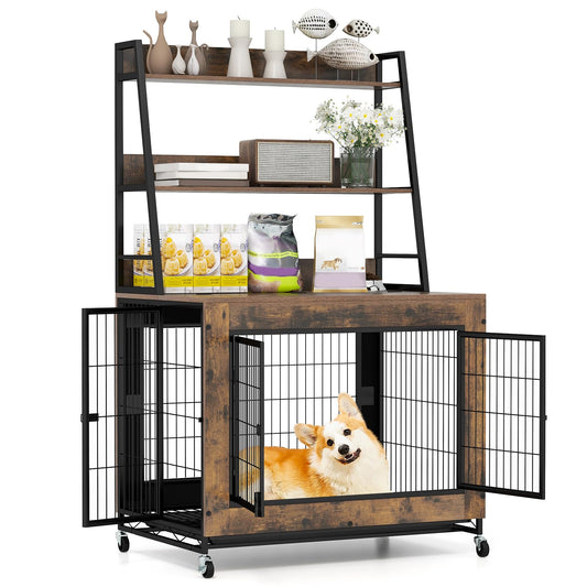 Wooden Dog Cage on Wheels with Storage Shelves