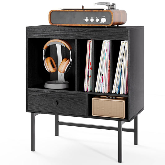 Large Record Player Stand with Open Compartments and Album Holders