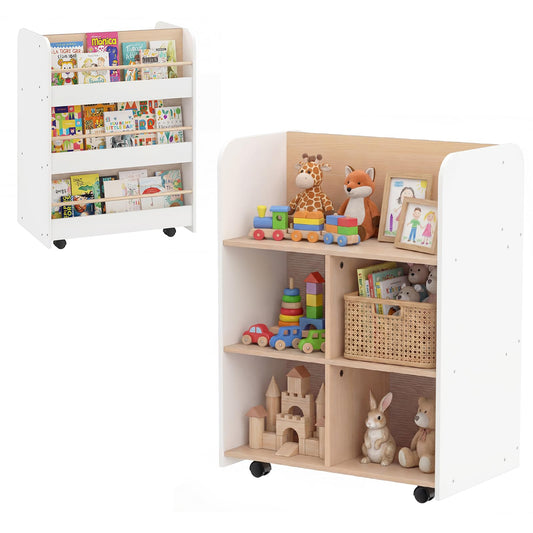 3-Tier Bookshelf for Kids with Wheels Double-sided Book Display