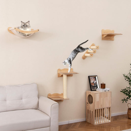4pcs Wall Mounted Cat Tree with Hammock & Sisal Steps
