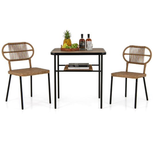 Outdoor Dining Table with 2 Varied-Size Stackable Rattan Chairs & Shelf
