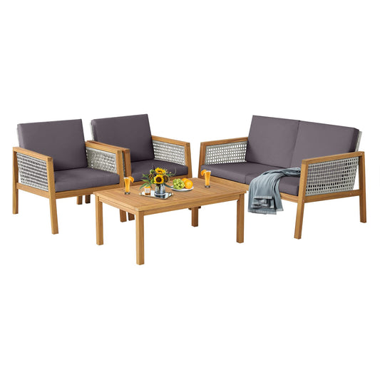 Acacia Wood Rattan Patio Conversation Set with Loveseat