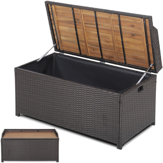 170L Waterproof PE Rattan Outdoor Storage Box with Acacia Wood Sit-on Lid