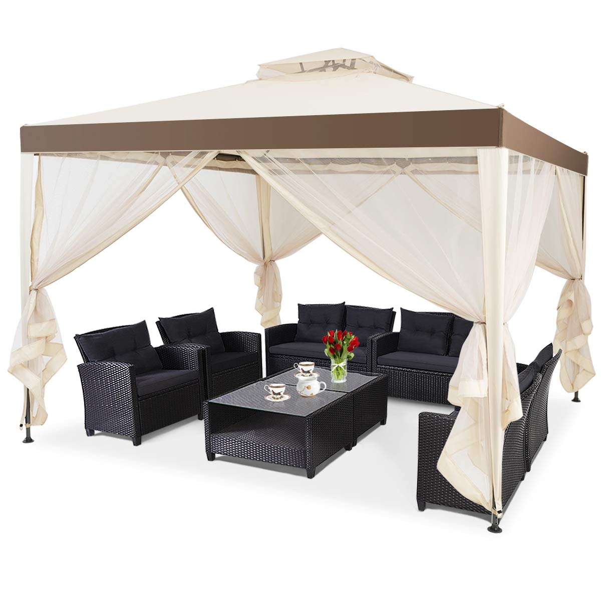 3m x 3m Outdoor Gazebo with Zipped Mesh Side Walls