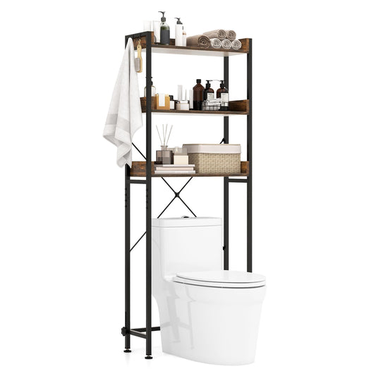 3-Tier Over The Toilet Storage Rack with 4 Hooks and Adjustable Bottom Bar