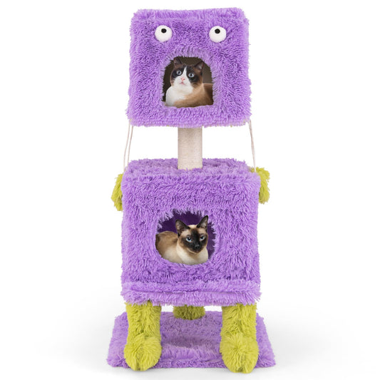 Cute Monster-Themed Cat Tower with 2 Private Condos and Soft Long Plush