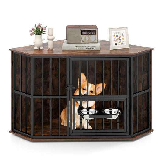 Corner Dog Crate Space Saving Dog Cage with Adjustable Feeder