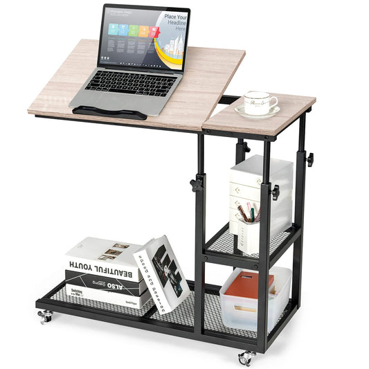 Height Adjustable Mobile Overbed Table with Wheels and Storage Shelves