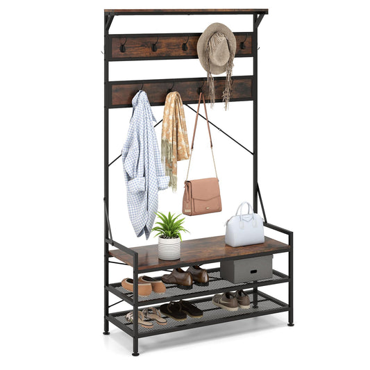 4 In 1 Coat Rack with 11 Hanging Hooks and Shoe Bench for Mudroom