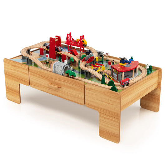 Wooden Train Track Set with Reversible Tabletop 100 Pieces Toy and Storage Drawer