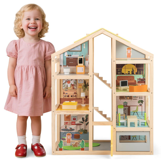 Kids Wooden Dollhouse with 7 Rooms and 18 Pcs Furniture Accessories