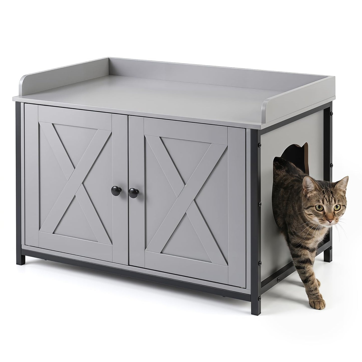 Cat Litter Box Enclosure with 2 Barn Doors Metal Legs and Side Entrance