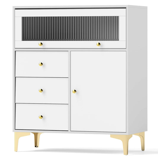 Giantex Wooden Chest of Drawers 3-Drawer Dresser Storage Cabinet with Flip Up Fluted Glass Door & Adjustable Shelf