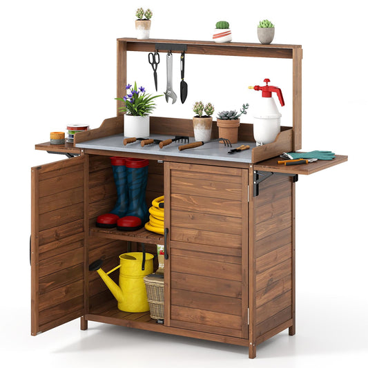 Garden Potting Table, Wooden Potting Bench with Metal-Plated Tabletop