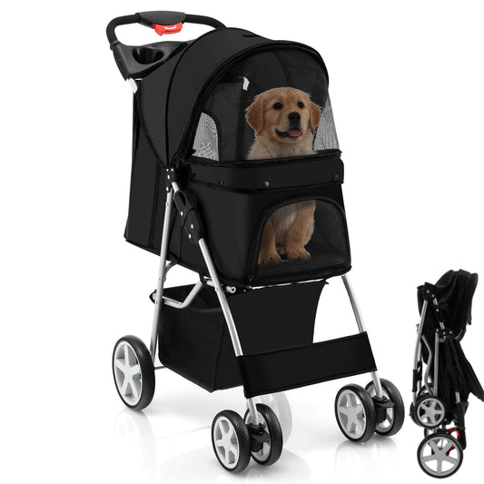 4-Wheel Folding Pet Stroller with Storage Basket and Adjustable Canopy