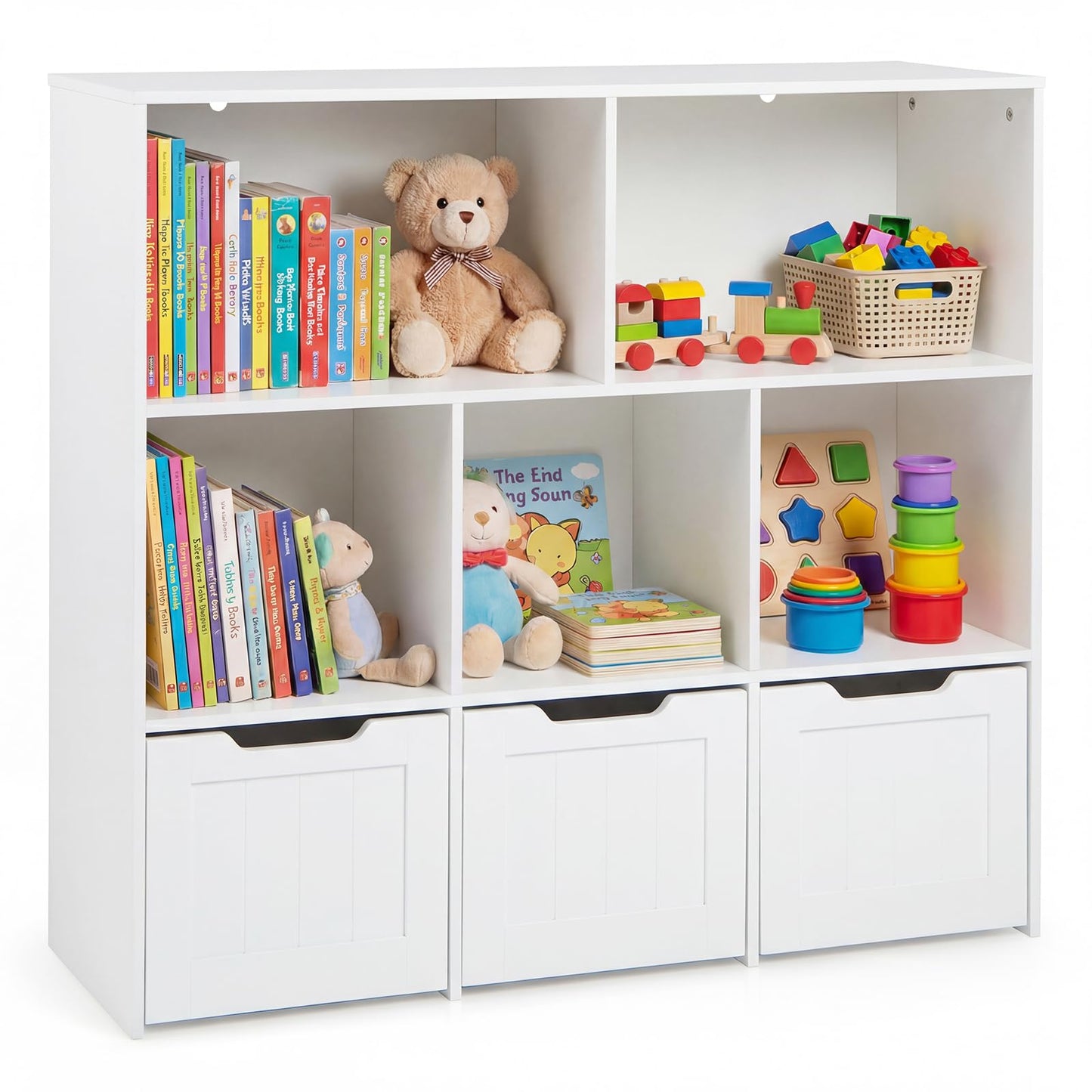 Wooden Toy Storage Organizer Kids Bookshelf with 5 Open Cubes and 3 Movable Drawers