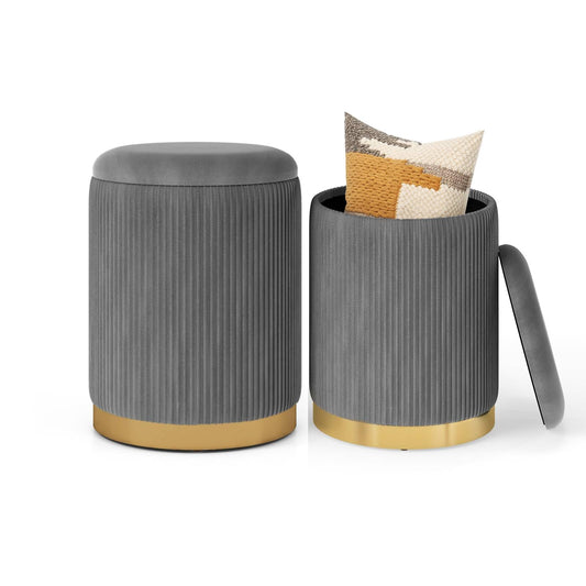 Velvet Storage Ottoman Set of 2 with Gold Stainless Steel Hoop