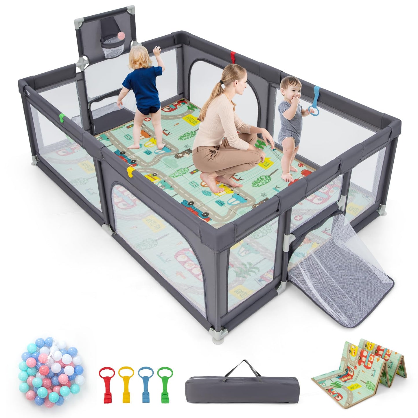 Toddler Mesh Play Pen with Mat, Pull Rings, Basketball Hoop