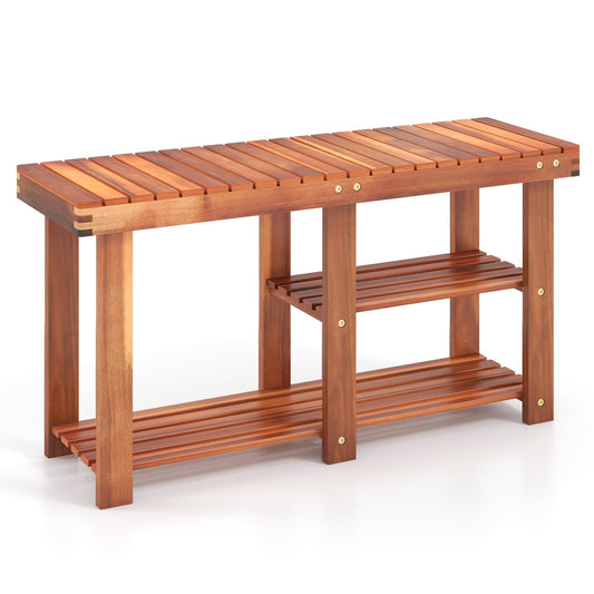 3-Tier Acacia Wood Shoe Rack Bench with Storage Shelf