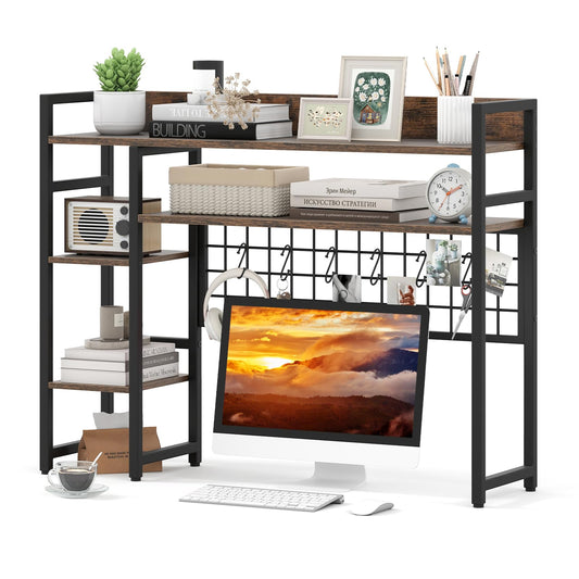 Desktop Bookshelf with 4 Open Storage Shelves for Computer Monitor Up to 32 Inch