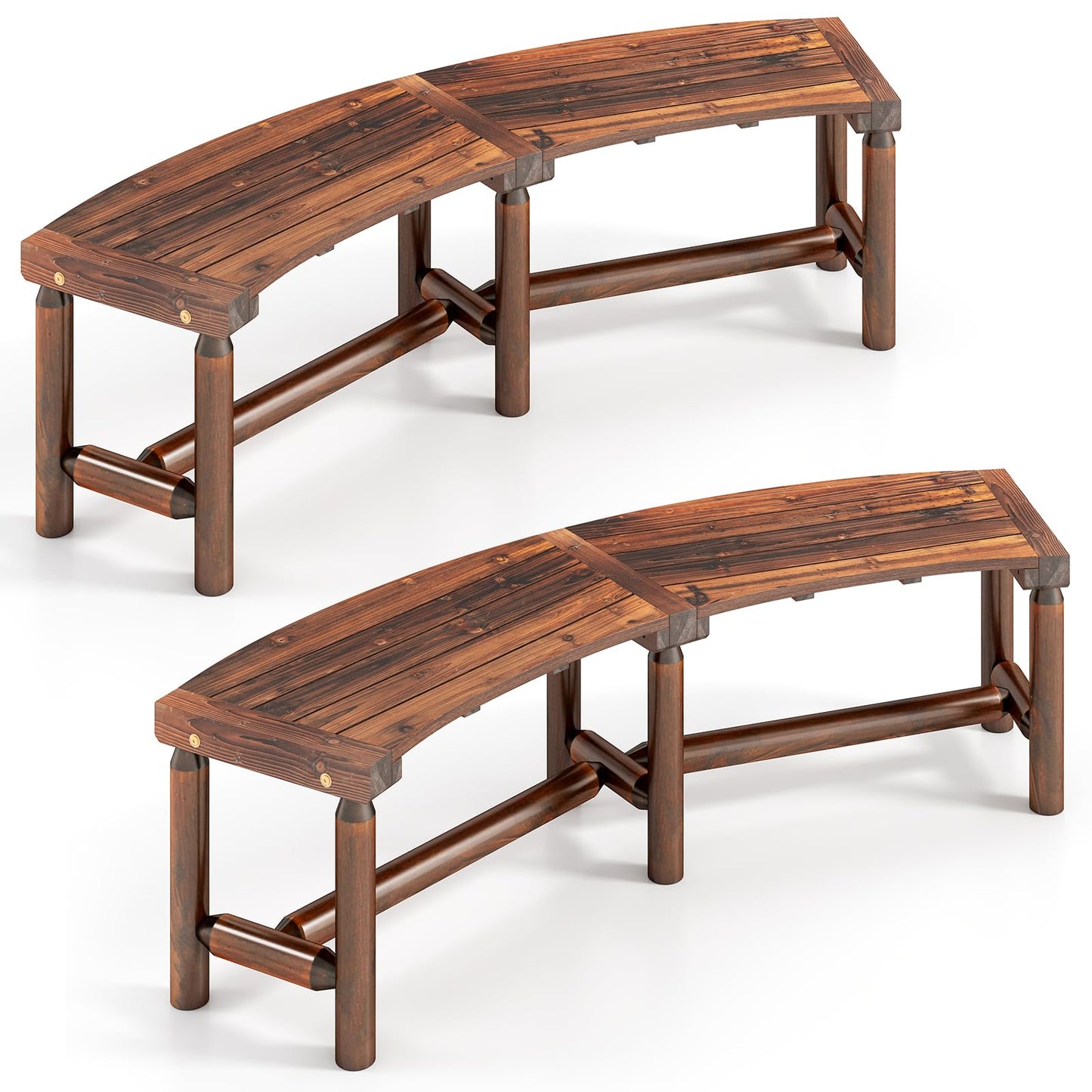 2-3 People Garden Bench, Wooden Curved Fire Pit Bench, Outdoor Loveseat Leisure Porch Seating