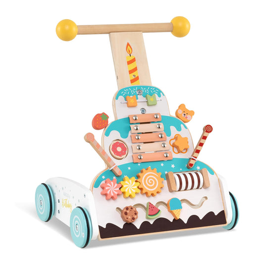 Height Adjustable Wooden Baby Walker with Activity Center