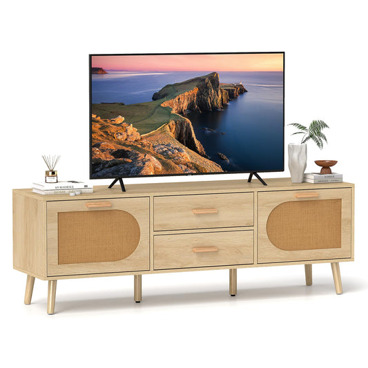 150cm TV Cabinet Media Entertainment Center with Rattan Doors and Storage Drawers