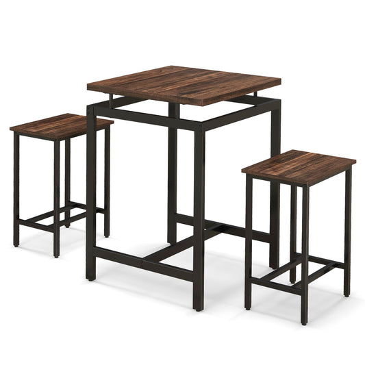 Counter Height Table and 2 Stools set with Floating Tabletop and Footrest for Small Space