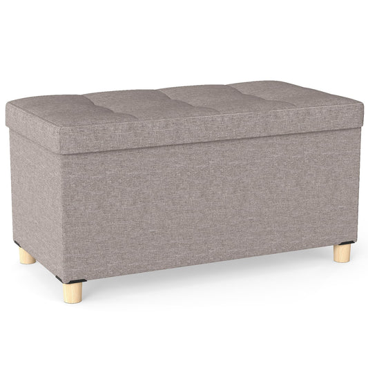 Linen Fabric Storage Ottoman Bench with Tray and Rubber Wood Legs