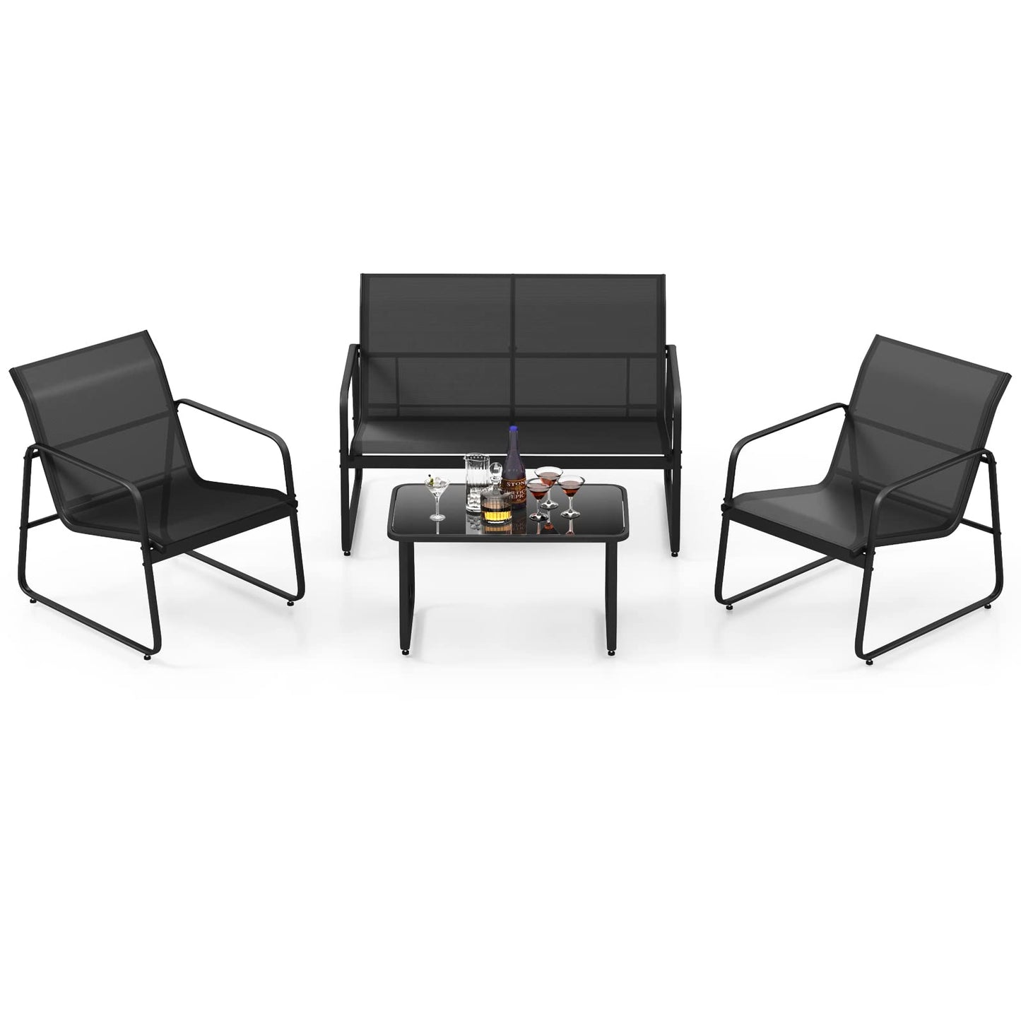 Metal Frame Conversation Set with Loveseat & Glass Coffee Table